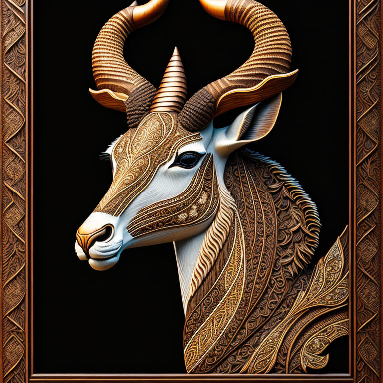 Stylized ram's head digital art with gold and brown patterns on black background