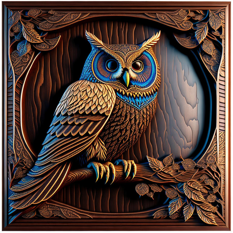 Detailed Wooden Owl Carving in Leaf-Patterned Frame