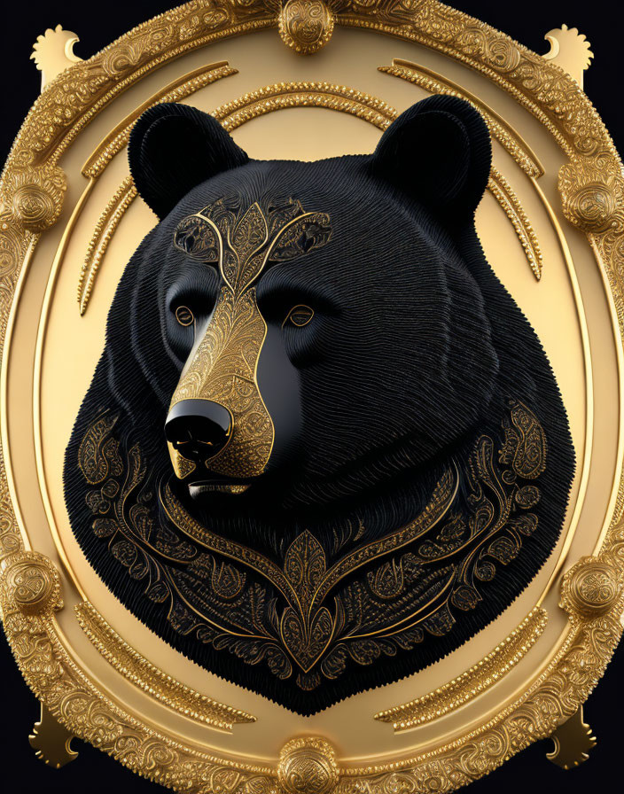 Detailed Black Bear Illustration with Gold Accents in Golden Frame