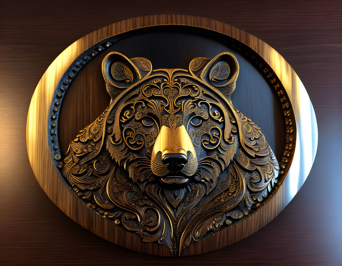 Golden lion's head ornament in oval frame on dark wood background