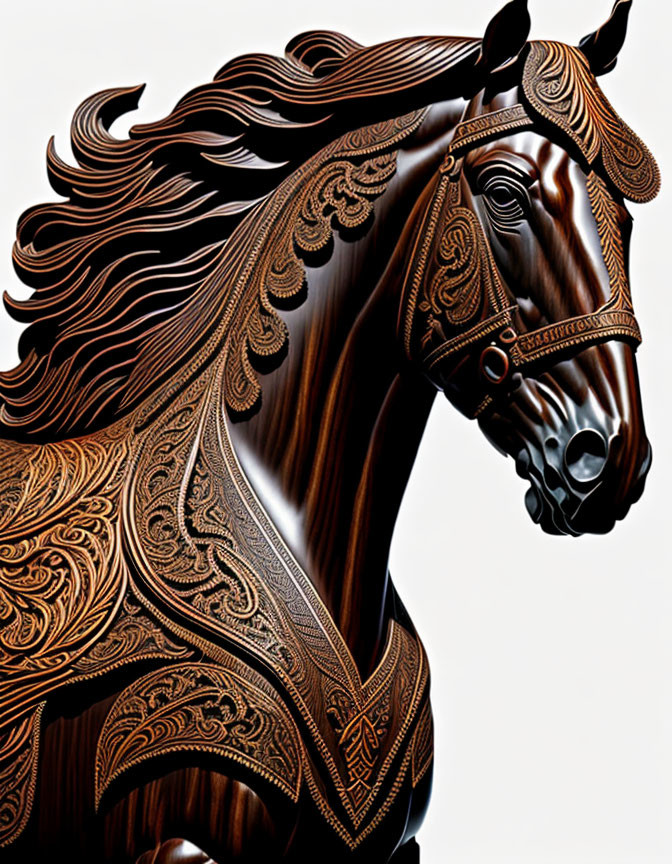 Intricately carved wooden horse with detailed patterns and flowing mane