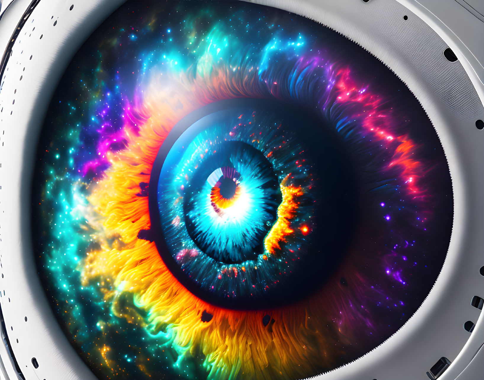 Multicolored eye against cosmic backdrop with galaxy iris in futuristic frame