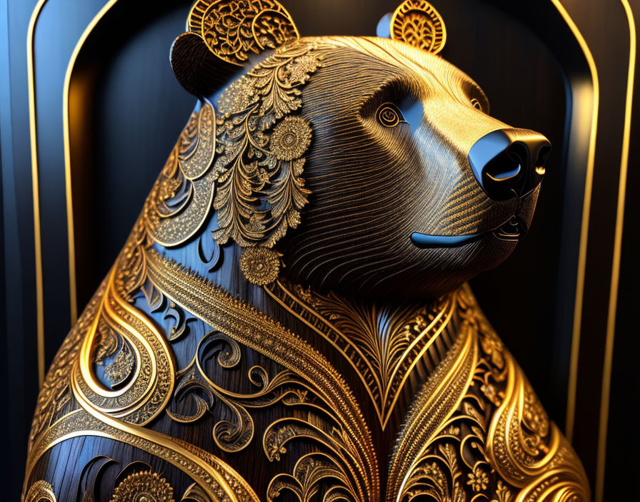 Intricate metallic bear sculpture on dark background