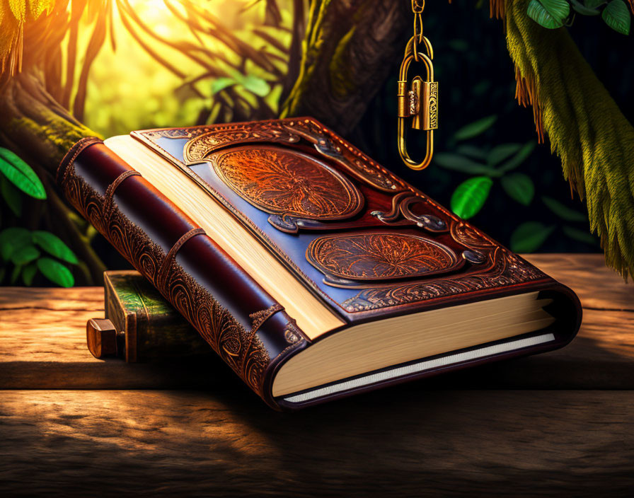 Vintage ornate book with golden clasps on wooden surface in sunlight