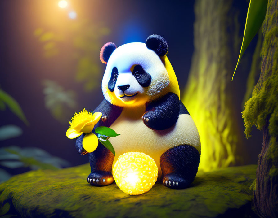 3D rendering of cute panda with yellow flower in mystical forest