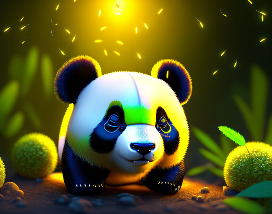 Stylized vibrant panda in whimsical dark setting