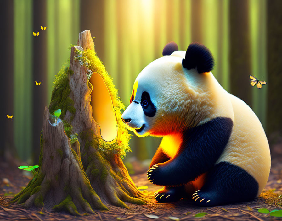 Whimsical panda observing glowing hollow in magical forest.