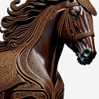 Intricately carved wooden horse with detailed patterns and flowing mane