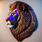 Detailed mane on ornate lion sculpture under colorful light