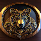 Golden lion's head ornament in oval frame on dark wood background