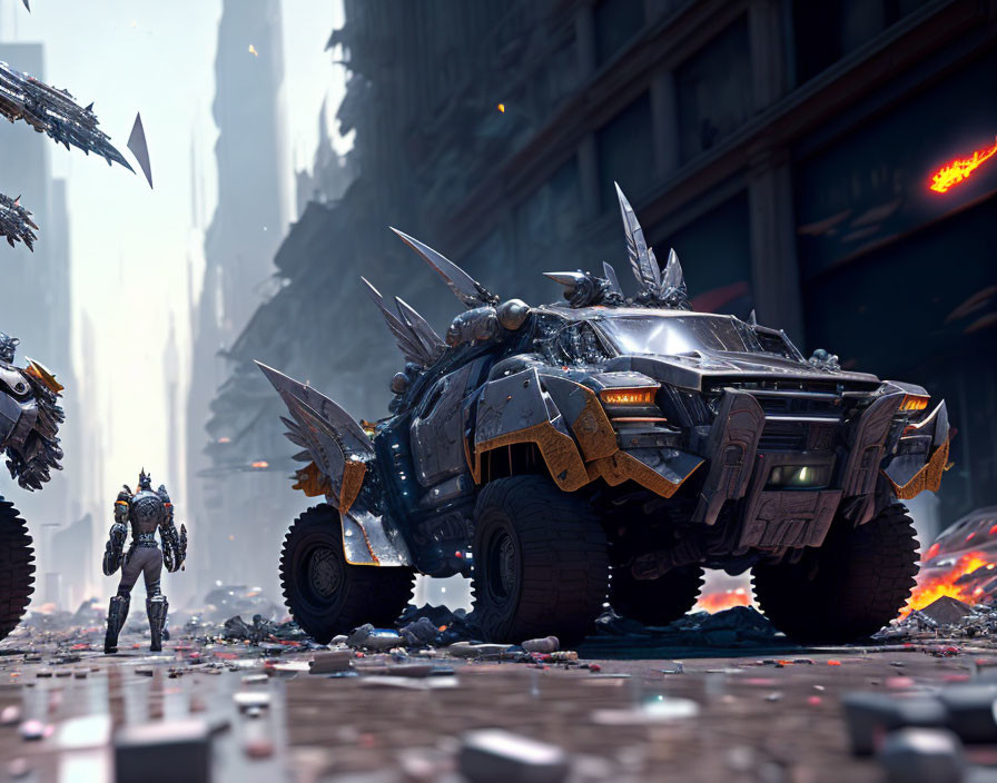 Armored vehicle and soldier in futuristic war-torn cityscape