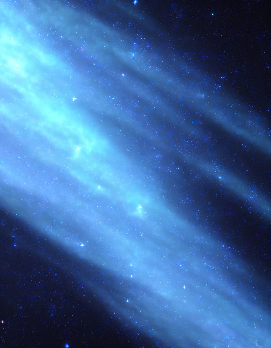 Vibrant blue nebula with white streaks and bright stars on dark background