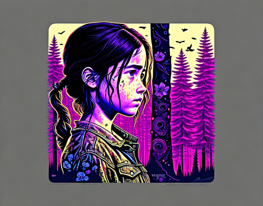 Vibrant digital artwork of young girl with side braid in forest setting