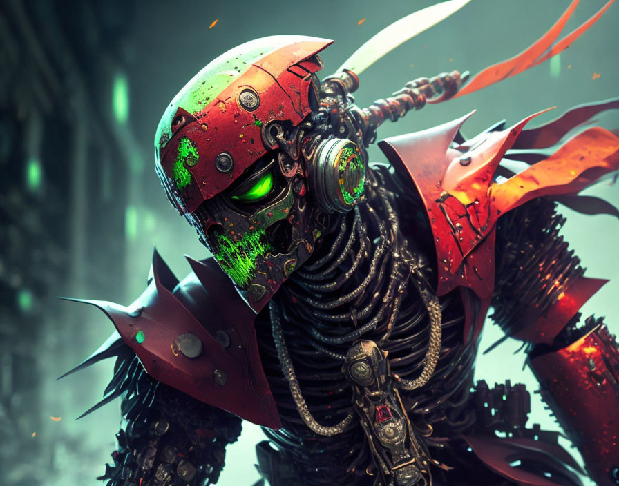 Red-helmeted robotic warrior with green glowing eyes in moody setting