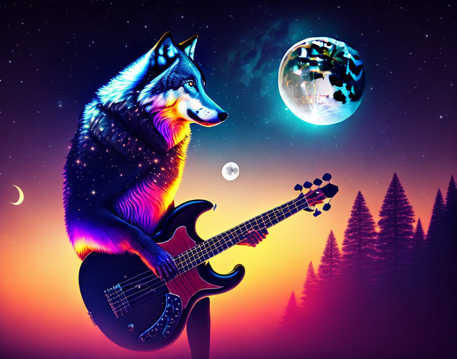 Colorful Wolf Holding Guitar in Moonlit Landscape with Surreal Earth