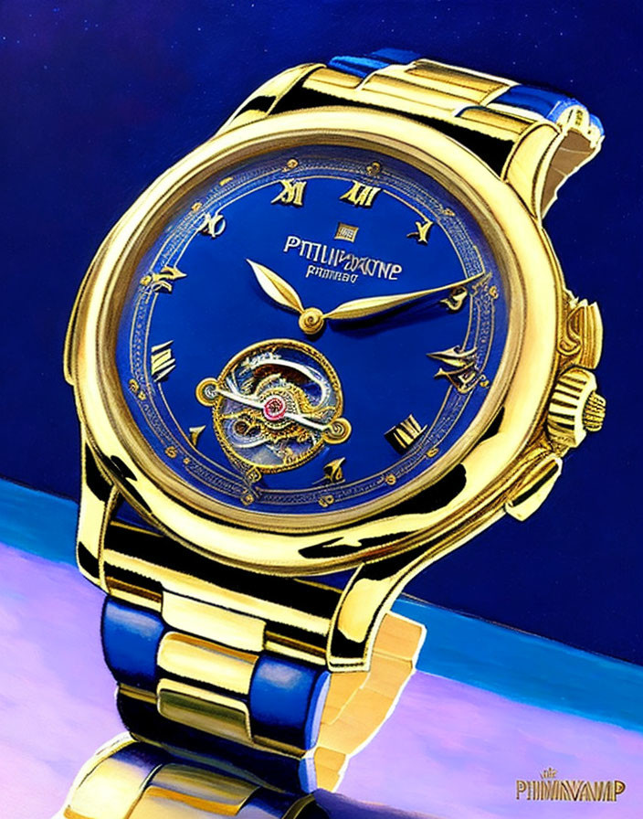 Golden Wristwatch with Roman Numerals and Tourbillon on Blue Background