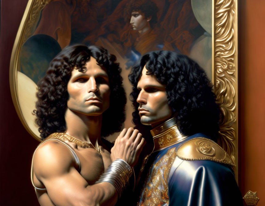 Detailed painting of two identical men in golden armor, one gazing at reflection, with classical backdrop