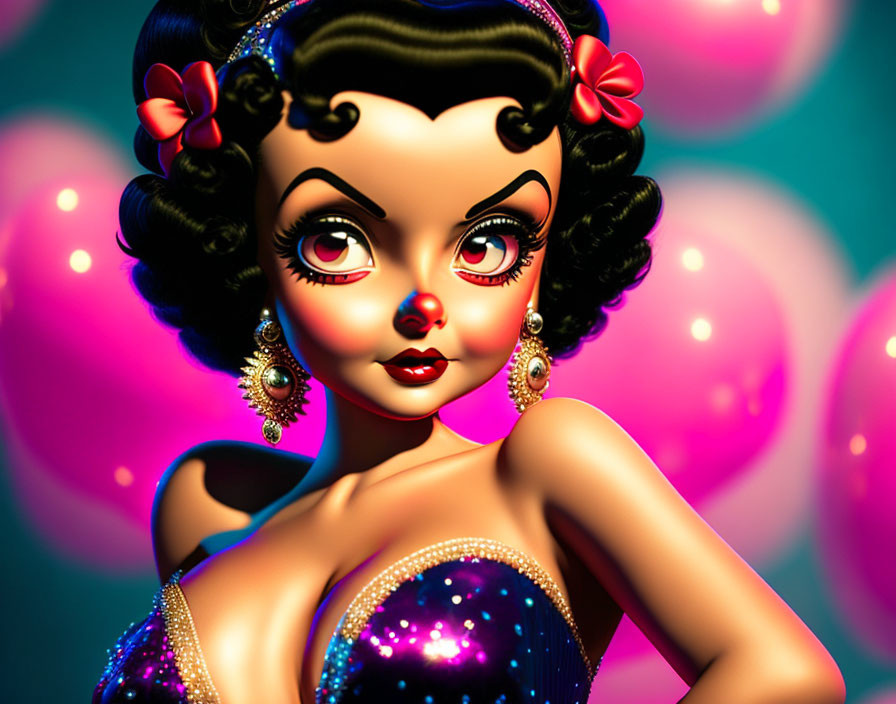 Stylized 3D rendering of woman with large eyes and pink balloons