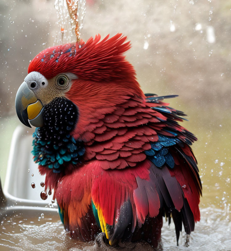 Colorful Macaw Bathing with Water Droplets