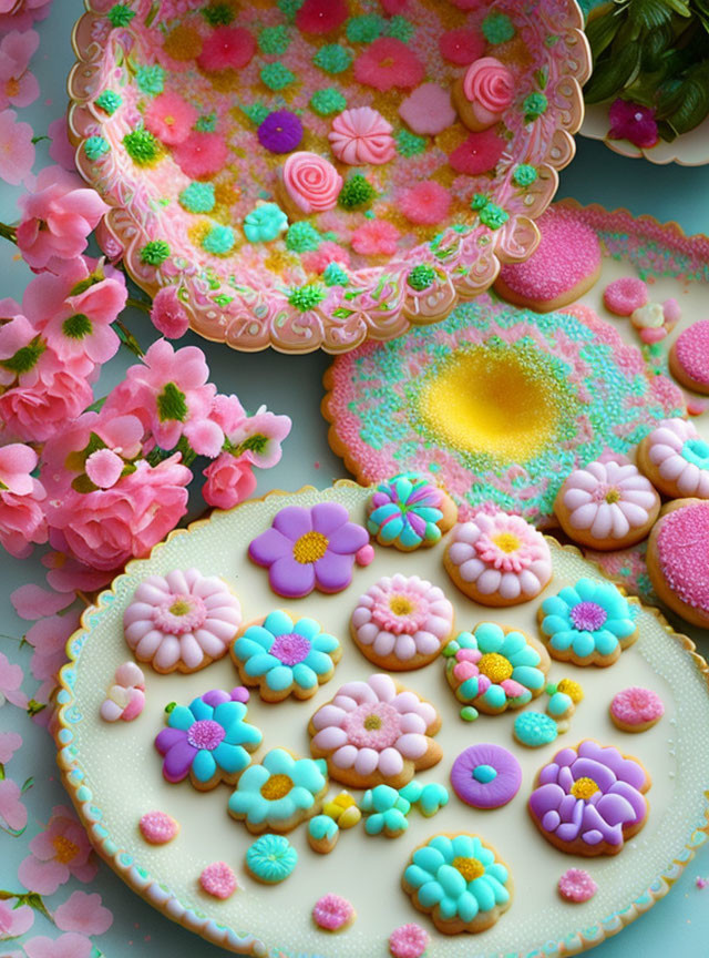 Colorful floral cookies with pink flowers on pastel background