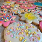 Colorful floral cookies with pink flowers on pastel background