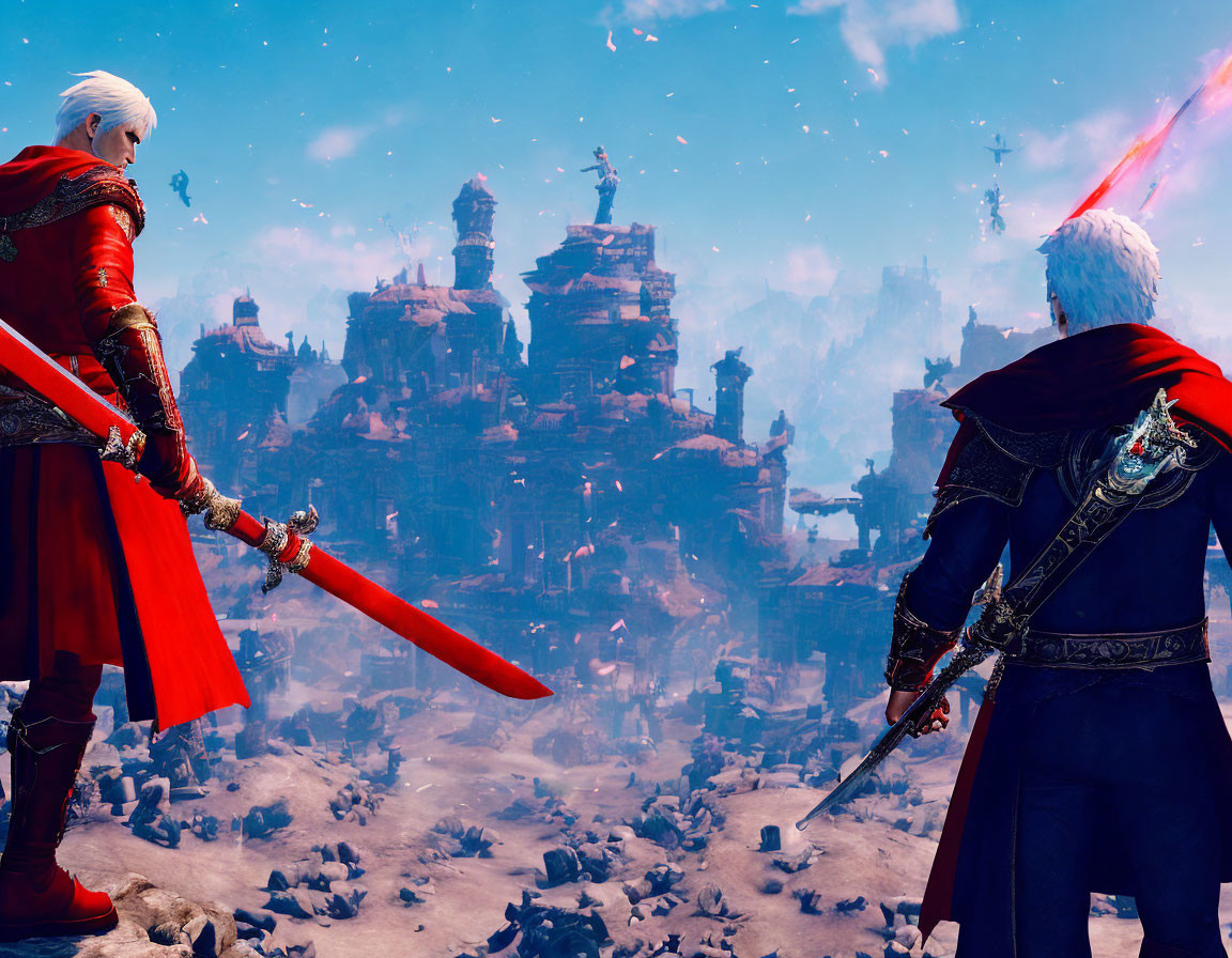 Two warriors in red cloaks with swords in a fantastical landscape.