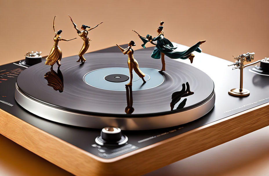 Miniature dancers and musicians on rotating turntable with shadows on warm background