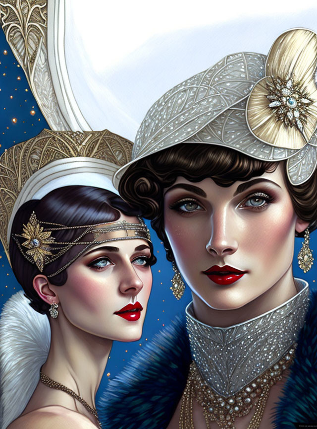 Illustrated women in 1920s fashion with elegant jewelry on starry backdrop