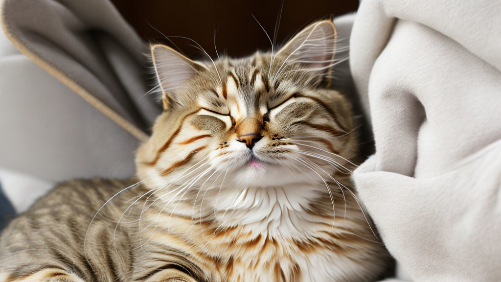 Tabby Cat with Unique Markings Resting on Soft Fabric