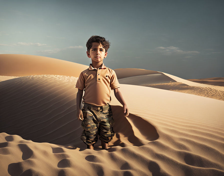 Young boy in polo shirt and camo pants on sandy dunes under clear sky