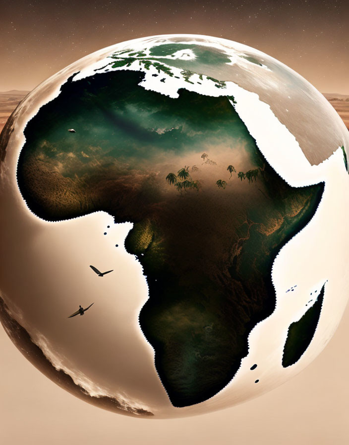 Stylized Earth image with exaggerated Africa features and flying birds.