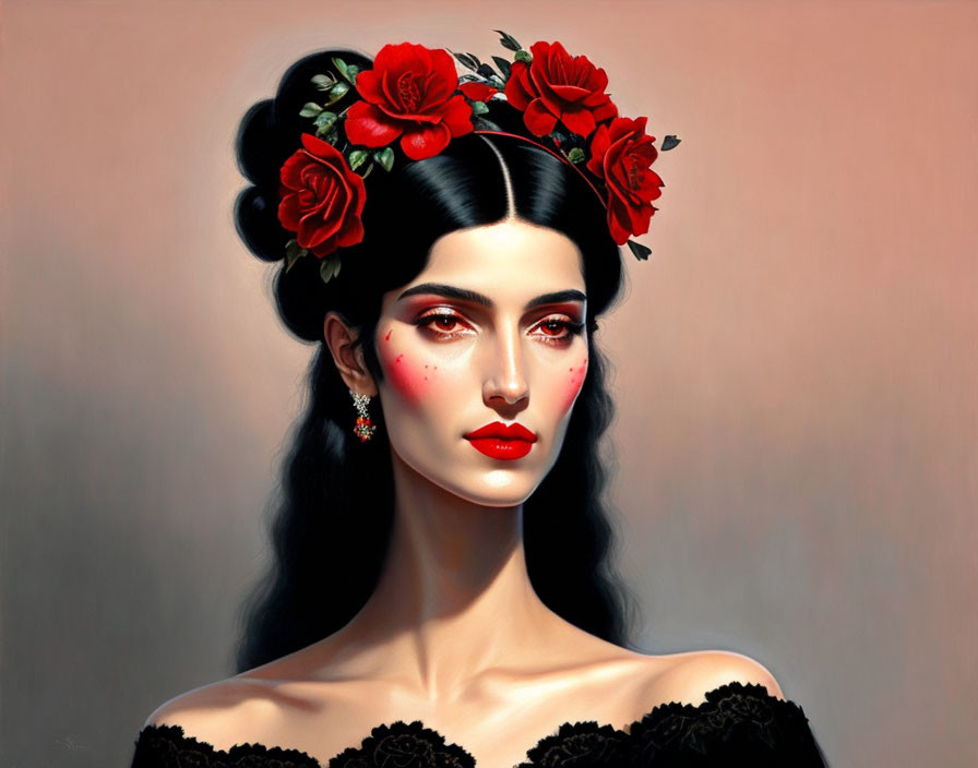 Digital Artwork: Woman with Red Flowers, Striking Makeup, Black Dress