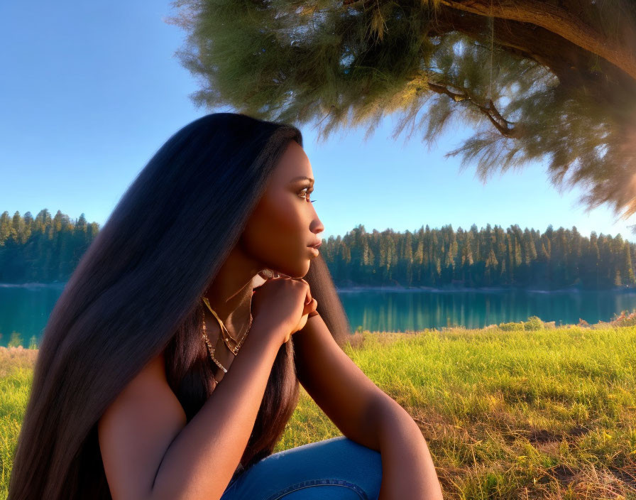 Woman with Long Hair Contemplating Under Tree by Serene Lake