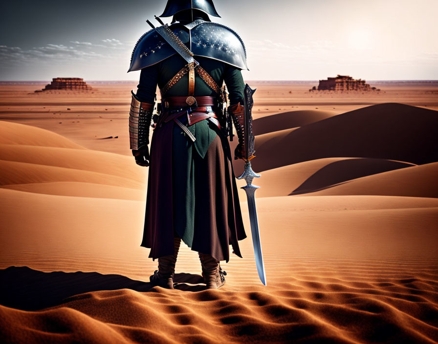 Knight in full armor stands in desert with sword, gazing at ruins