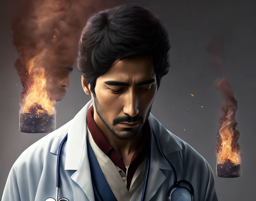 Pensive man in lab coat with stethoscope surrounded by burning books