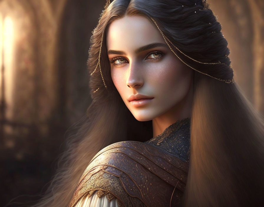 Digital artwork: Woman with dark hair, golden head jewelry, and armor in forest setting