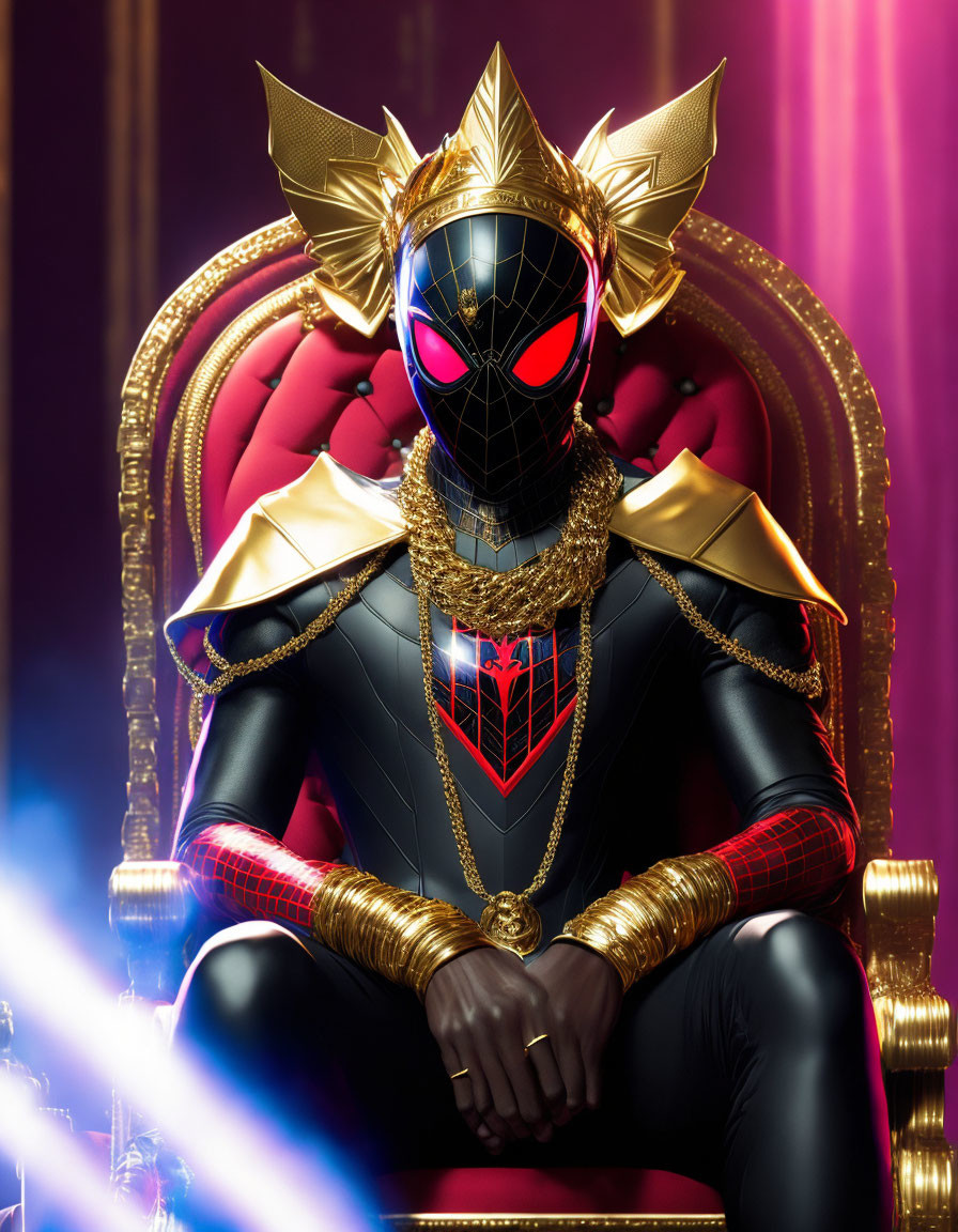 Regal figure in black and red suit on throne with dramatic backlighting