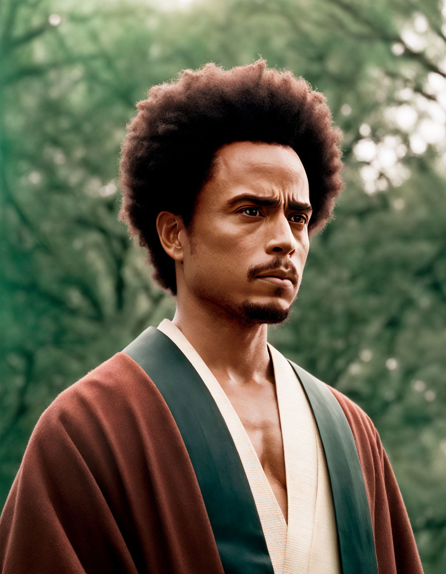 Man with Afro Hairstyle in Multicolored Robe Stands Against Green Background