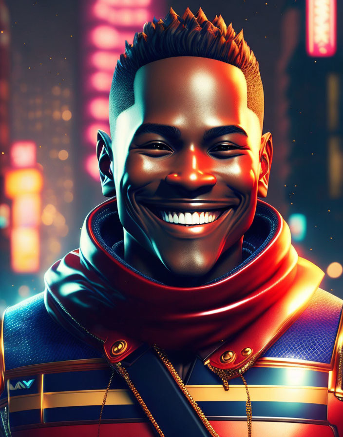 Futuristic digital portrait of a smiling man with shiny skin and neon city lights