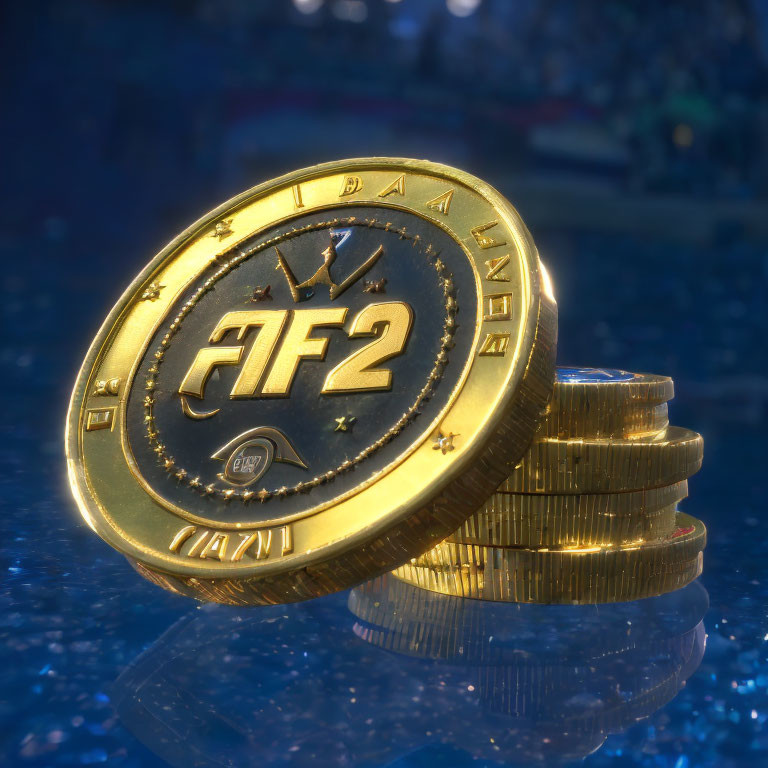 Golden Coin with "AF2" Embossed Among Colorful Coins