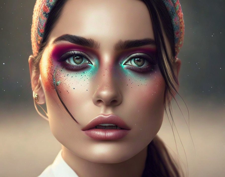 Detailed Close-up of Woman with Vibrant Multicolored Eyeshadow and Freckles