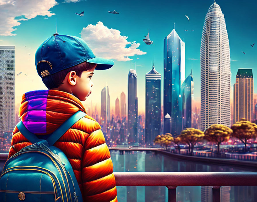 Boy in colorful jacket gazes at futuristic cityscape with flying vehicles.