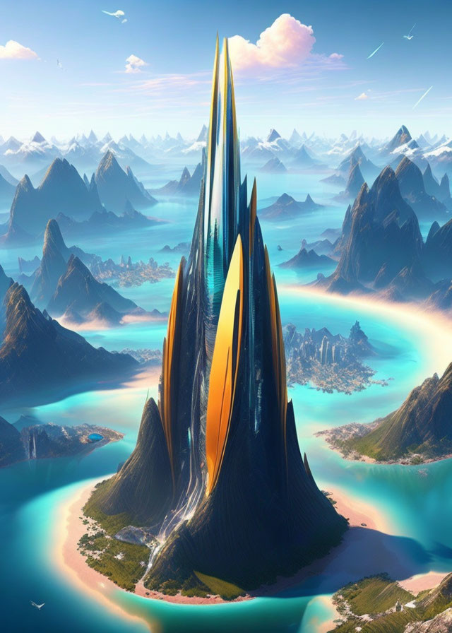 Futuristic crystalline tower in mountain landscape with floating rocks