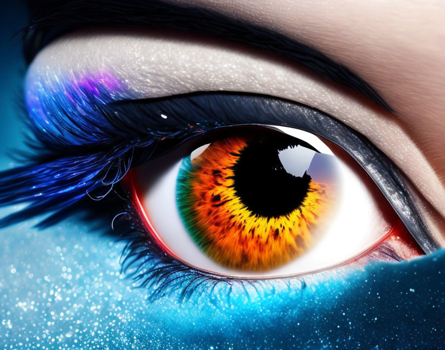 Colorful eye with dramatic makeup and feathered eyelash on starry background