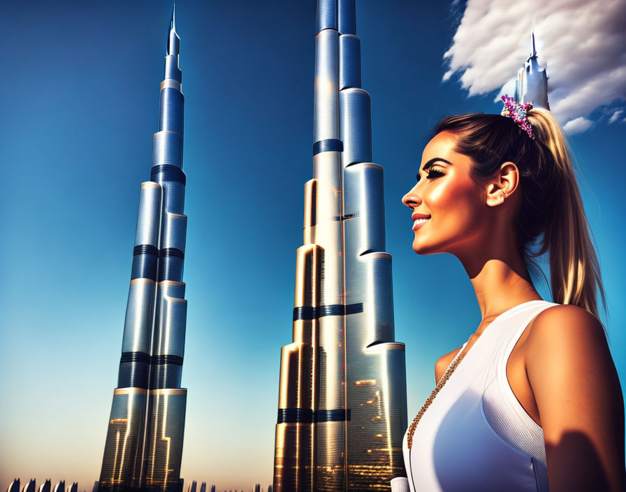 Smiling woman against city skyscrapers and blue sky