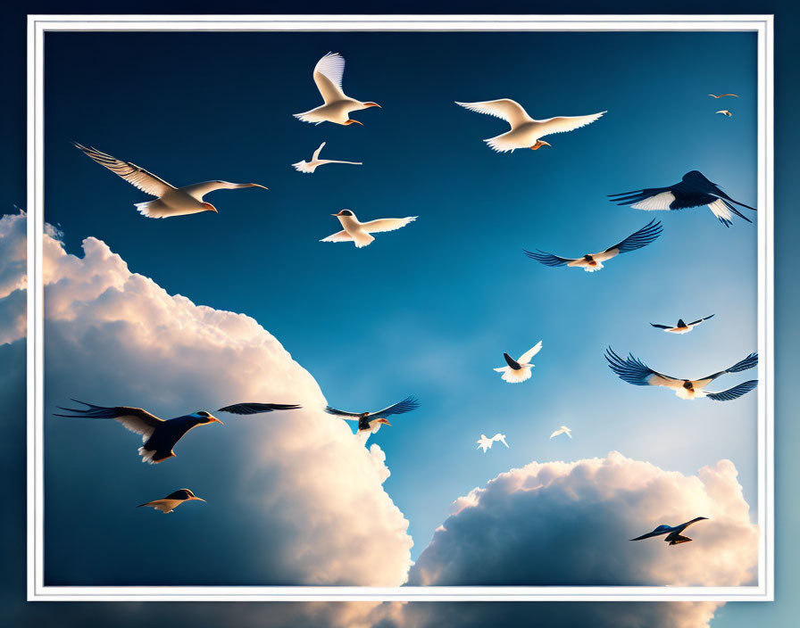 Birds in Flight Over Cloudy Sky with White Border