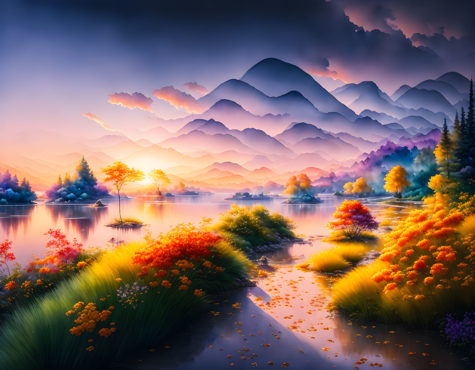 Colorful lake landscape with mountains and sunset sky