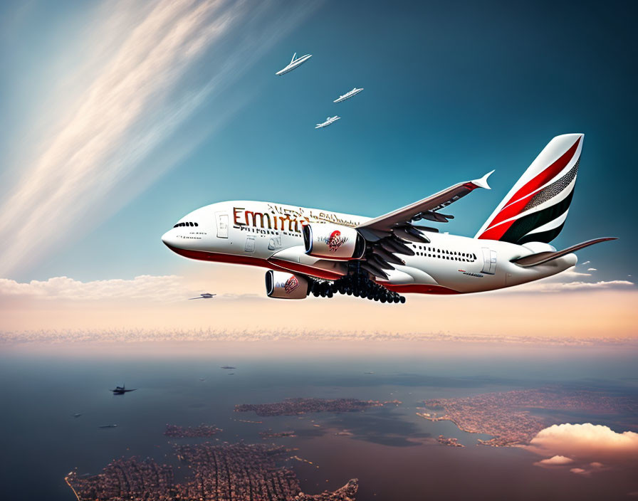 Large A380 aircraft flies over coastal cityscape with multiple planes and dramatic clouds.