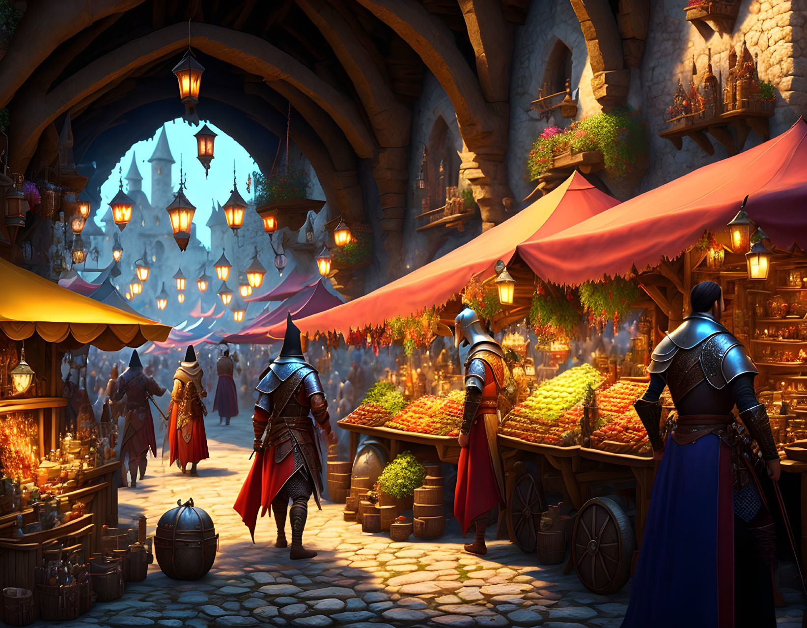 Medieval Market Scene with Knights, Colorful Stalls, and Castle