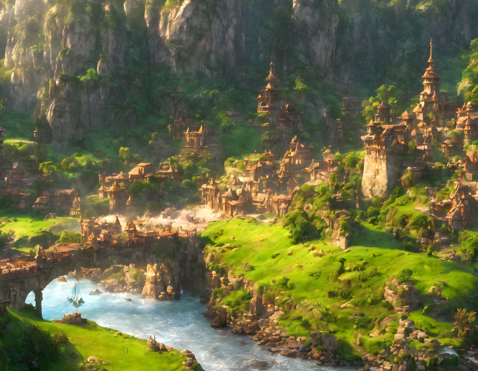 Fantasy landscape with pagoda-style buildings, lush greenery, cliffs, and river in warm sunlight